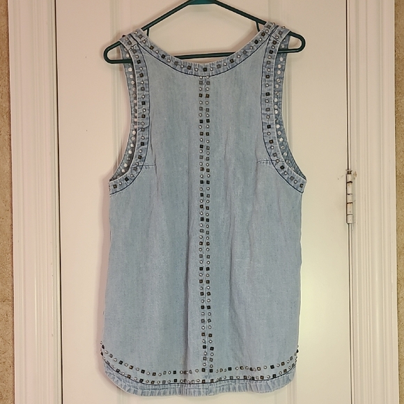 Free People Studded Chambray Tunic Tank Top With Pockets Boho Open Back - Picture 2 of 13